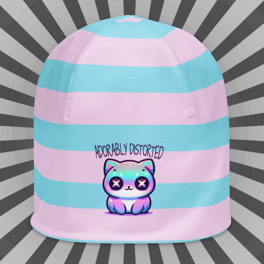 Weirdcore Pastel Goth Grunge Kitty Cat Striped Beanie, Adorably Distorted Oddcore Beanie Hat