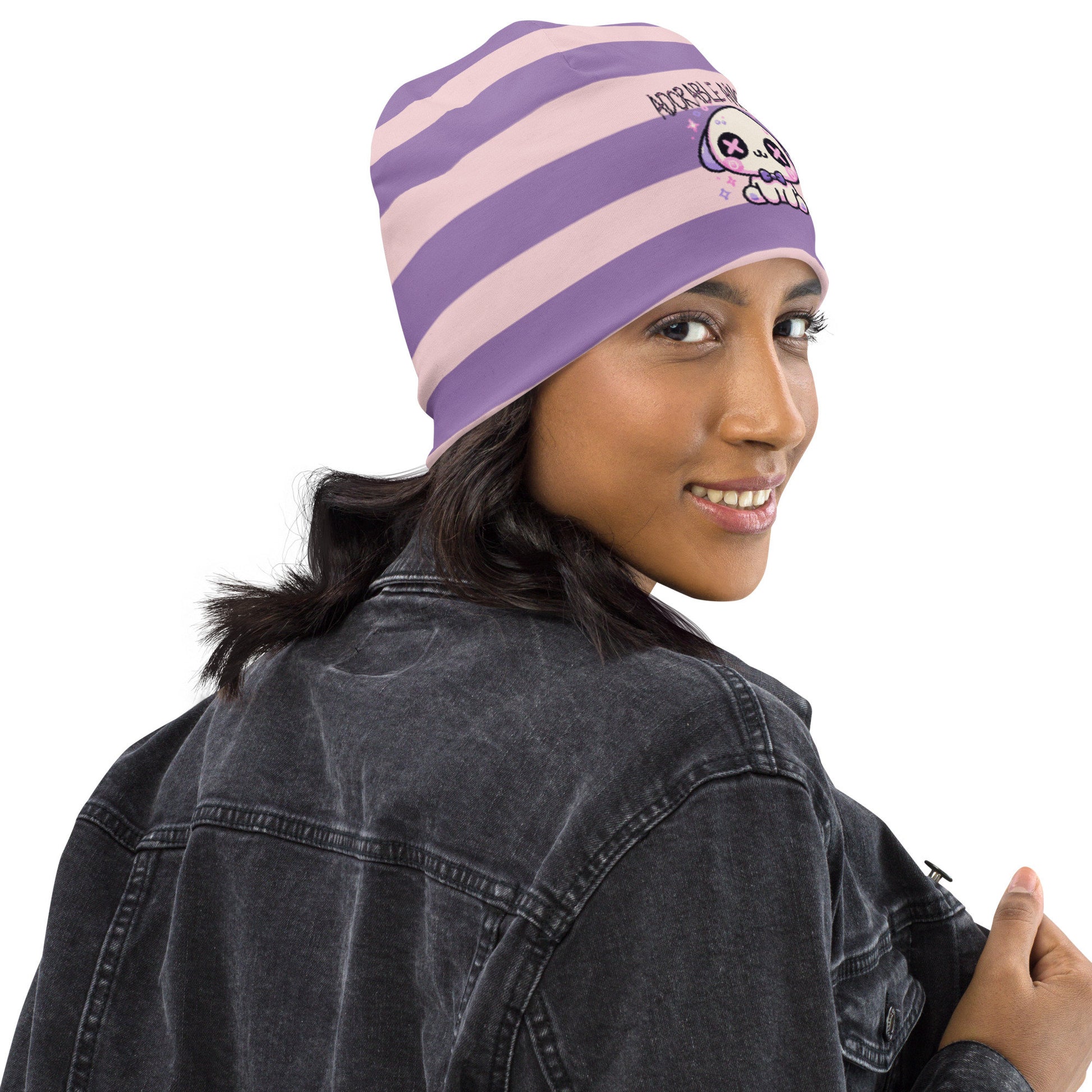 Weirdcore Pastel Goth Grunge Puppy Dog Striped Beanie, Adorable Anomaly Oddcore Beanie Hat
