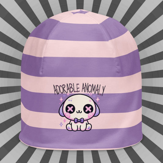 Weirdcore Pastel Goth Grunge Puppy Dog Striped Beanie, Adorable Anomaly Oddcore Beanie Hat