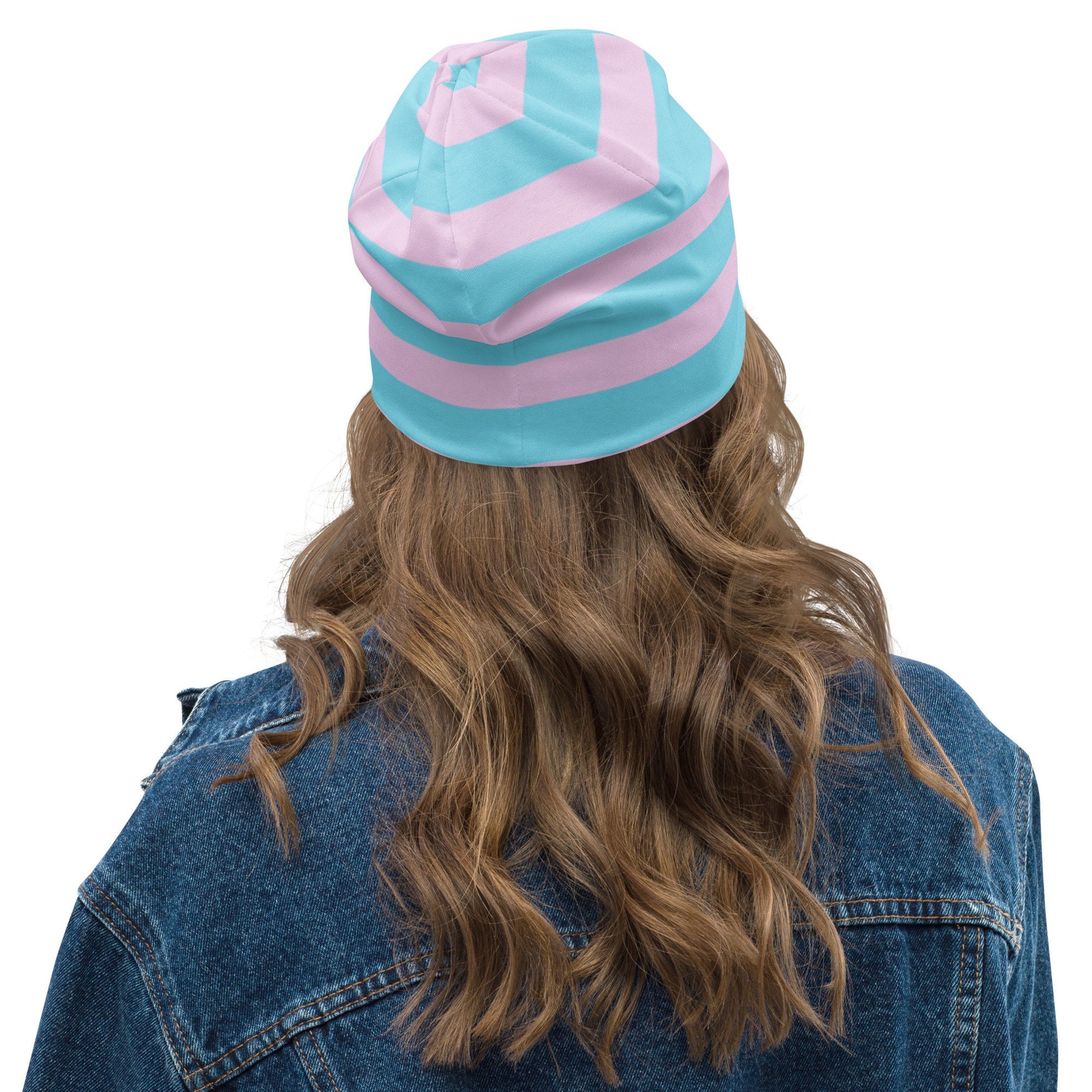 Weirdcore Pastel Goth Grunge Cute Bear Striped Beanie, Surreal Snuggles Oddcore Beanie Hat