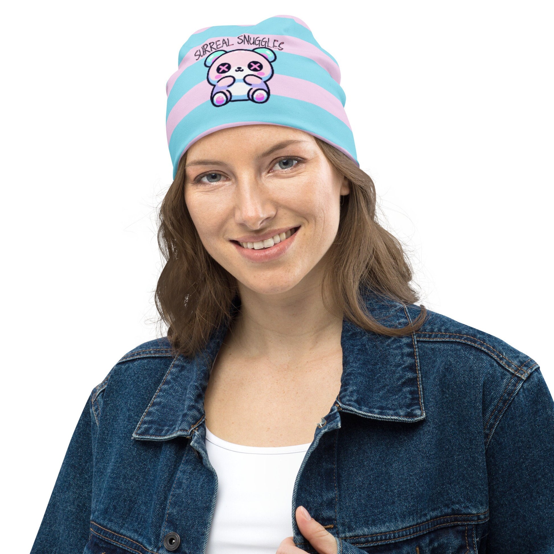 Weirdcore Pastel Goth Grunge Cute Bear Striped Beanie, Surreal Snuggles Oddcore Beanie Hat