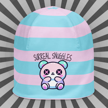Weirdcore Pastel Goth Grunge Cute Bear Striped Beanie, Surreal Snuggles Oddcore Beanie Hat