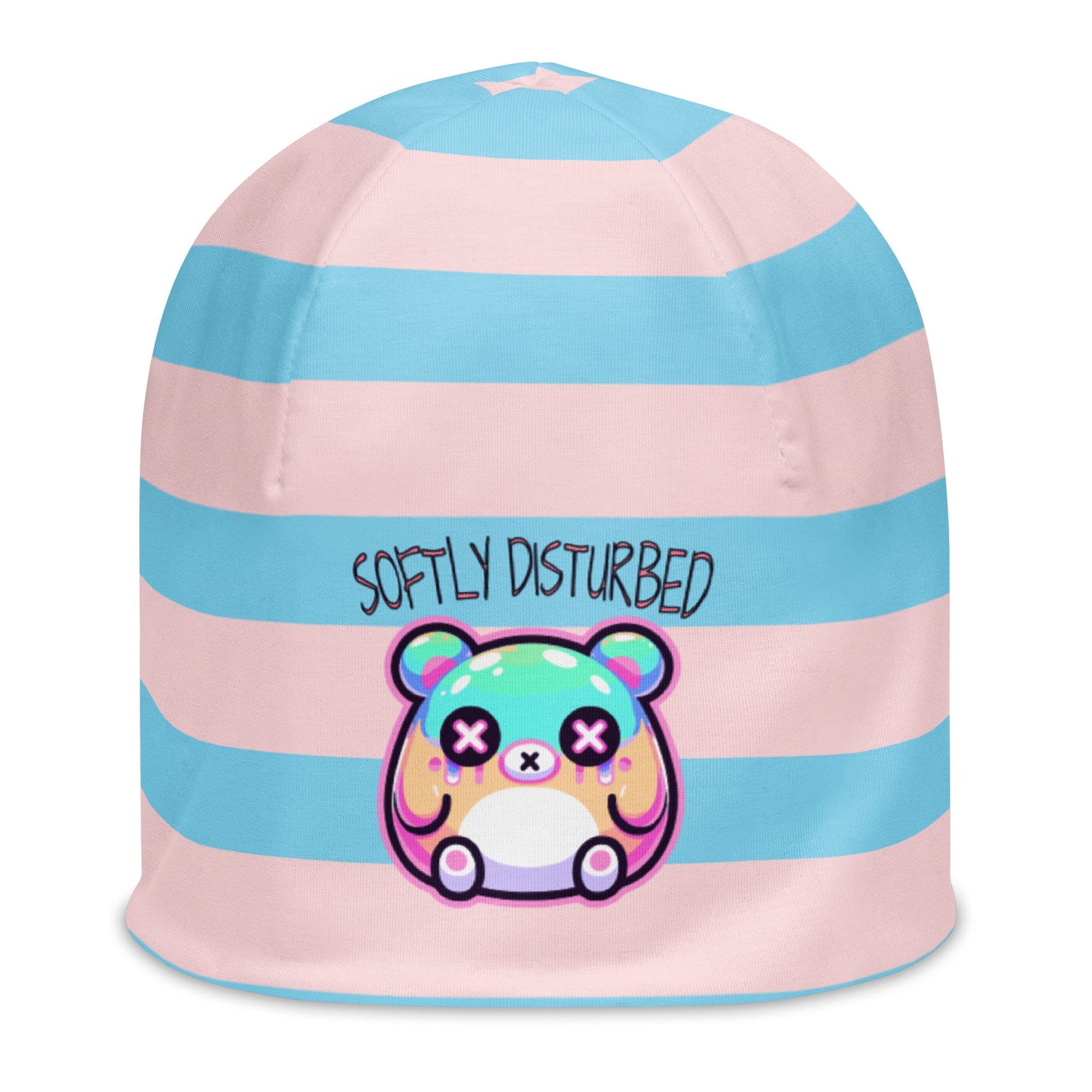 Weirdcore Pastel Goth Grunge Cute Bear Striped Beanie, Softly Disturbed Oddcore Beanie Hat