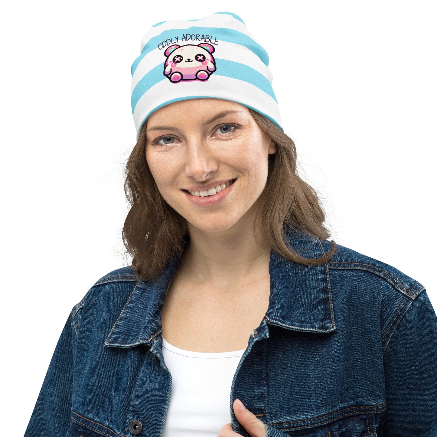 Weirdcore Pastel Goth Grunge Cute Bear Striped Beanie, Oddly Adorable Oddcore Beanie Hat