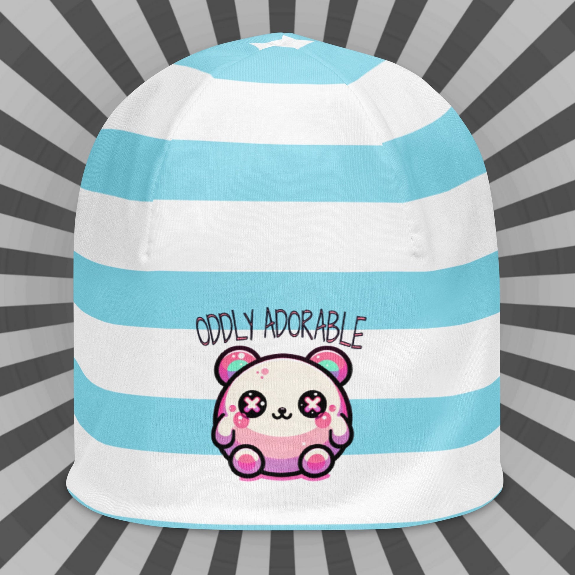 Weirdcore Pastel Goth Grunge Cute Bear Striped Beanie, Oddly Adorable Oddcore Beanie Hat