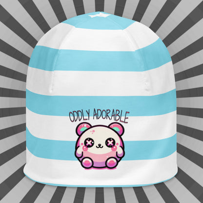 Weirdcore Pastel Goth Grunge Cute Bear Striped Beanie, Oddly Adorable Oddcore Beanie Hat
