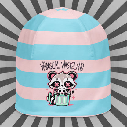 Weirdcore Pastel Goth Grunge Raccoon & Opossum Striped Beanie, Whimsical Wasteland Oddcore Beanie Hat