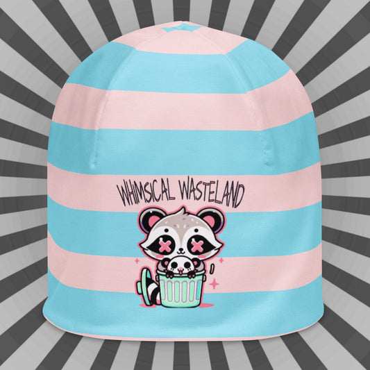 Weirdcore Pastel Goth Grunge Raccoon & Opossum Striped Beanie, Whimsical Wasteland Oddcore Beanie Hat