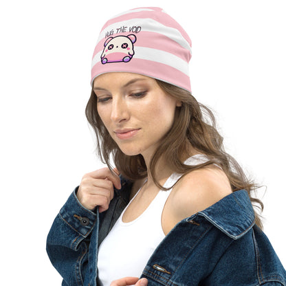 Weirdcore Pastel Goth Grunge Cute Bear Striped Beanie, Hug the Void Oddcore Beanie Hat