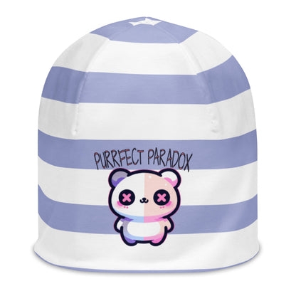 Weirdcore Pastel Goth Grunge Cute Cat Striped Beanie, Purrfect Paradox Oddcore Beanie Hat