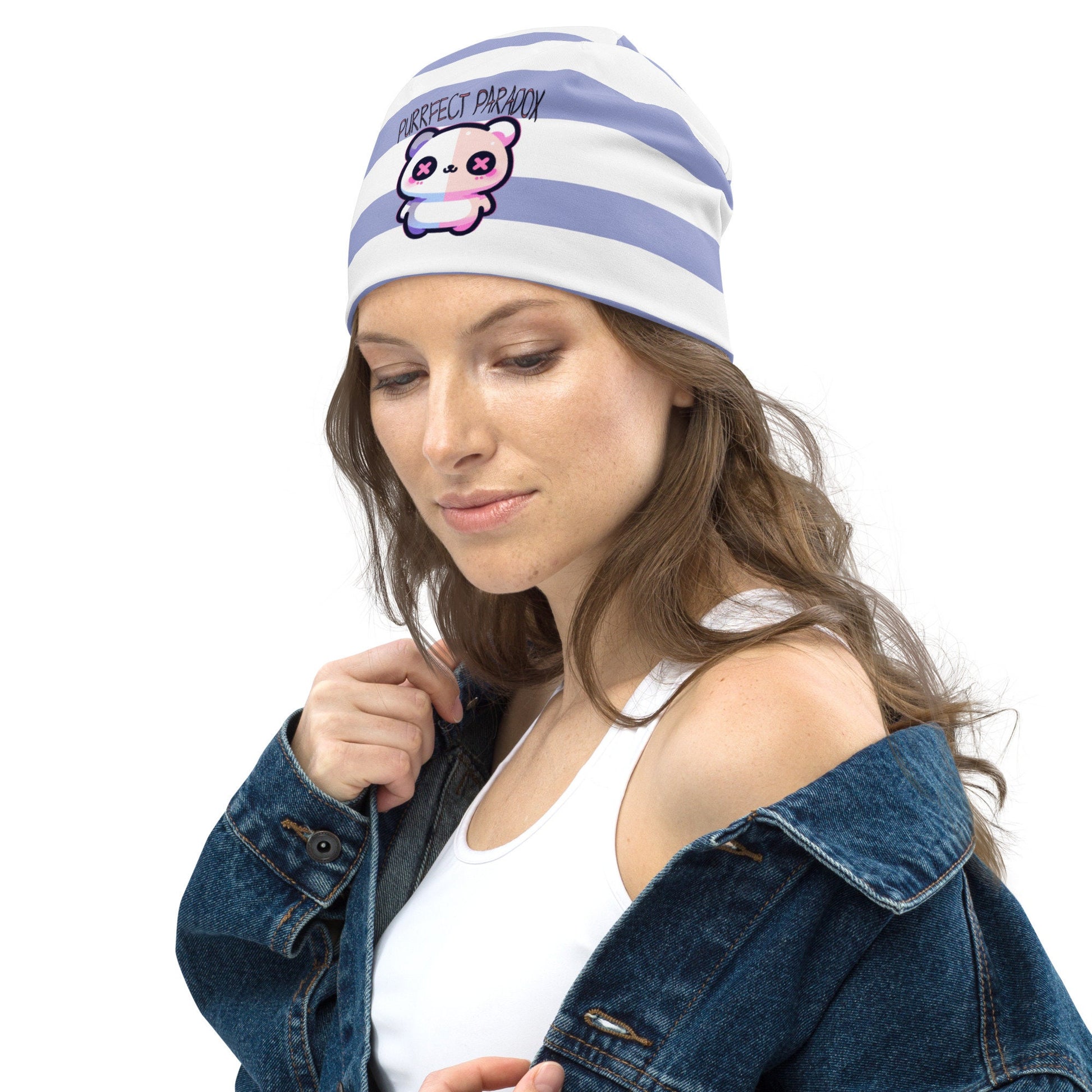 Weirdcore Pastel Goth Grunge Cute Cat Striped Beanie, Purrfect Paradox Oddcore Beanie Hat