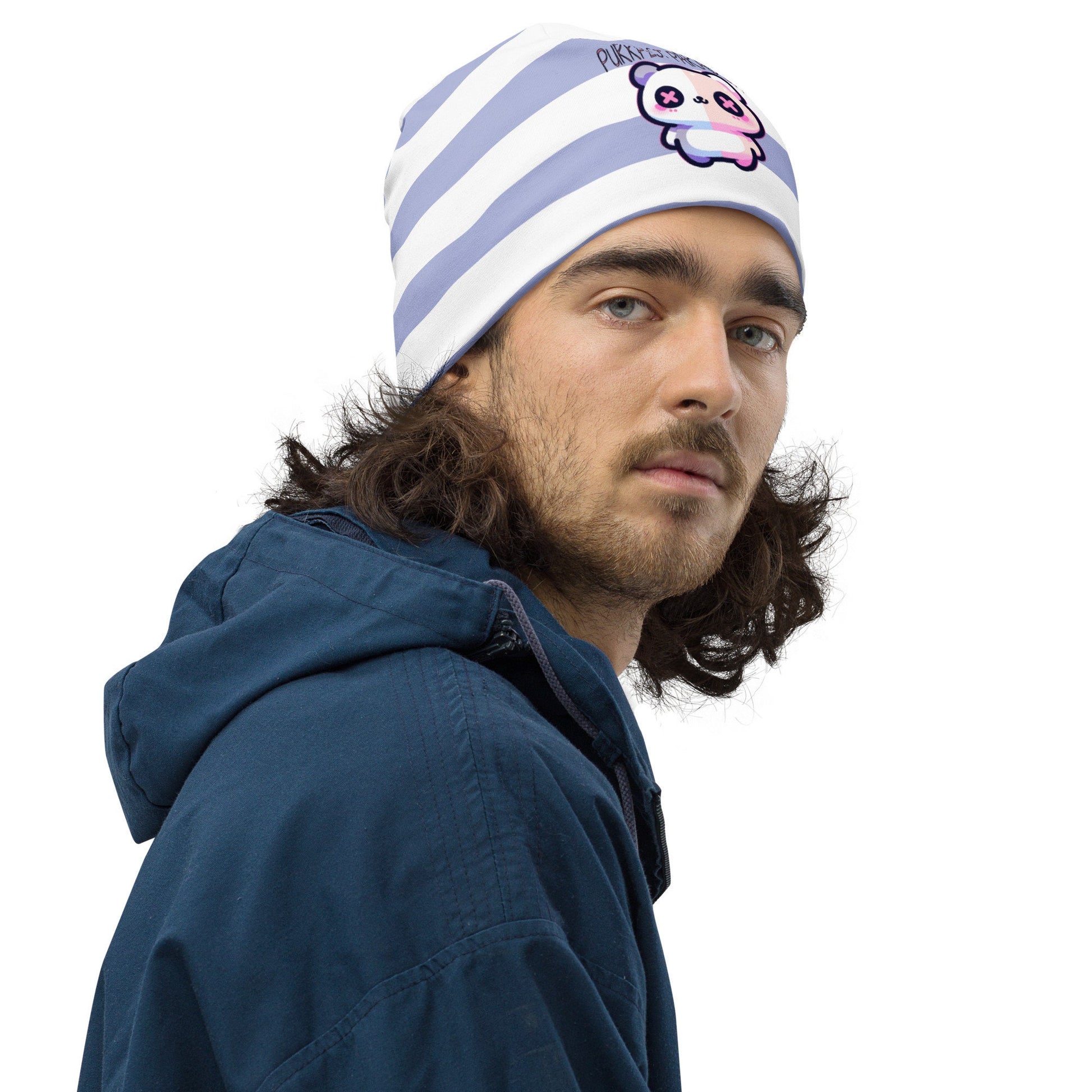Weirdcore Pastel Goth Grunge Cute Cat Striped Beanie, Purrfect Paradox Oddcore Beanie Hat