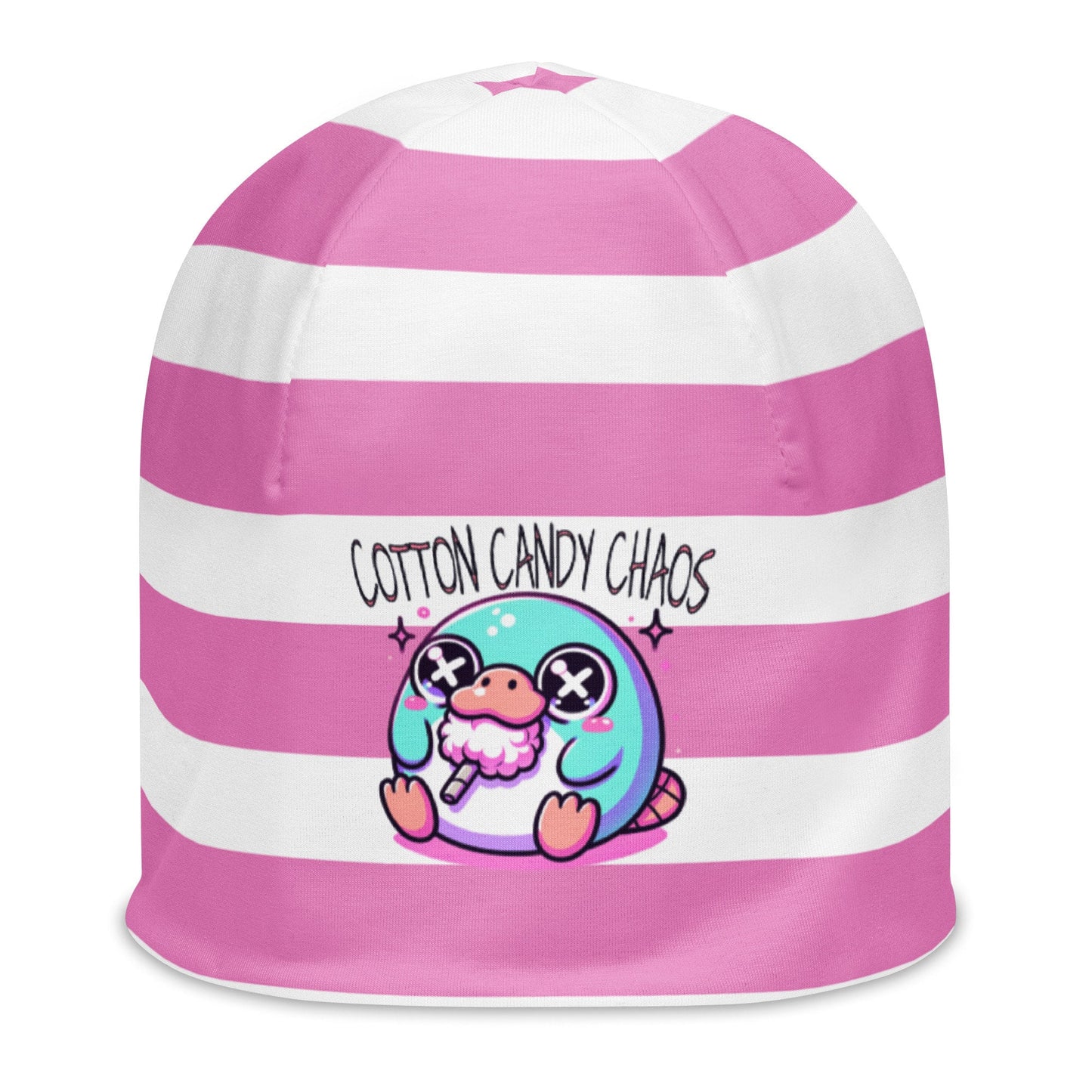Weirdcore Pastel Goth Grunge Cute Platypus Striped Beanie, Cotton Candy Chaos Oddcore Beanie Hat