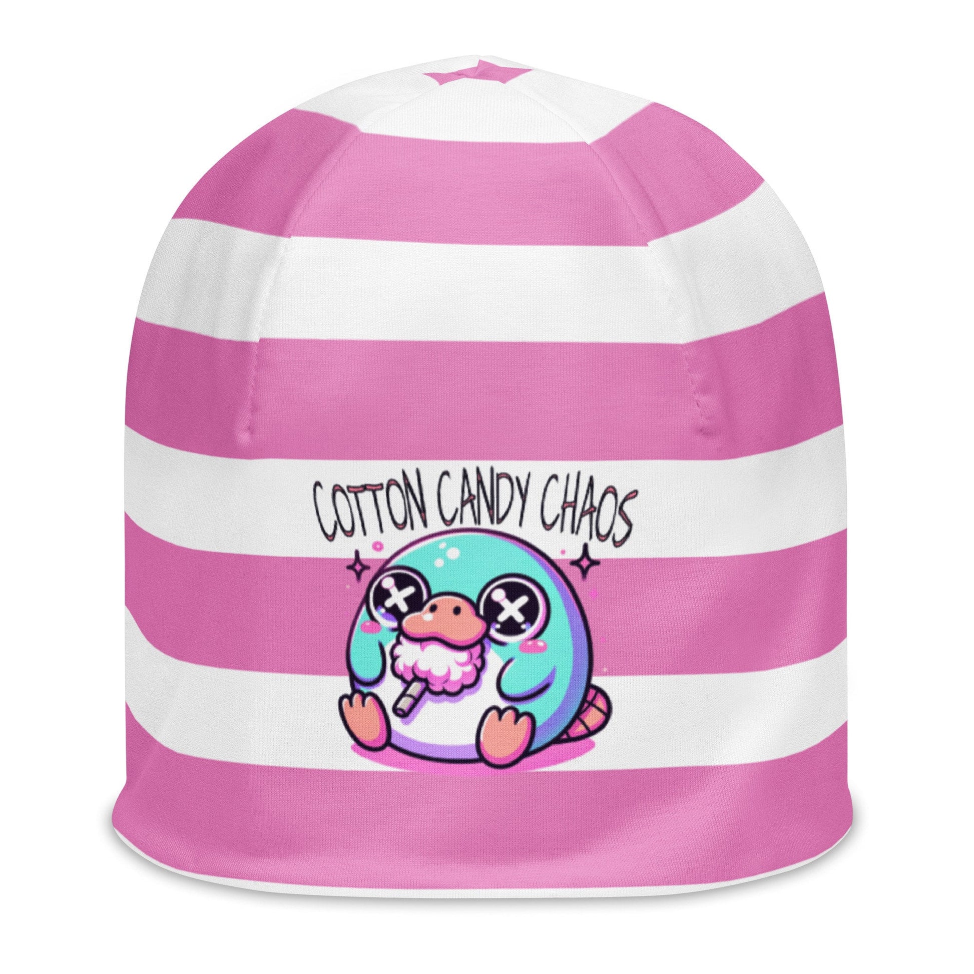 Weirdcore Pastel Goth Grunge Cute Platypus Striped Beanie, Cotton Candy Chaos Oddcore Beanie Hat