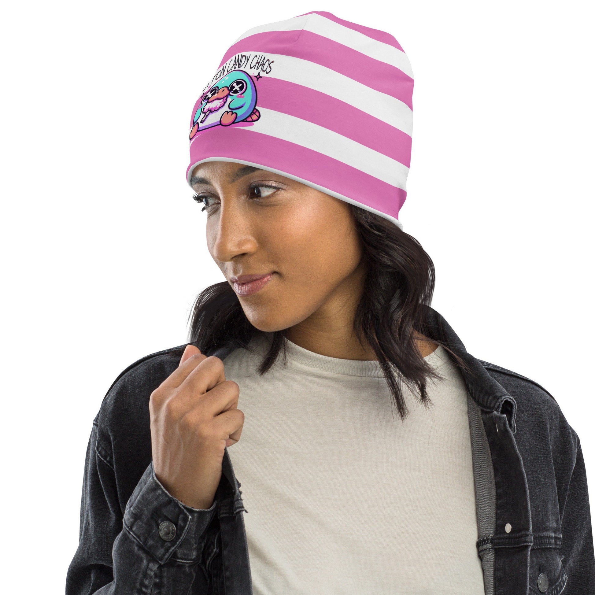 Weirdcore Pastel Goth Grunge Cute Platypus Striped Beanie, Cotton Candy Chaos Oddcore Beanie Hat