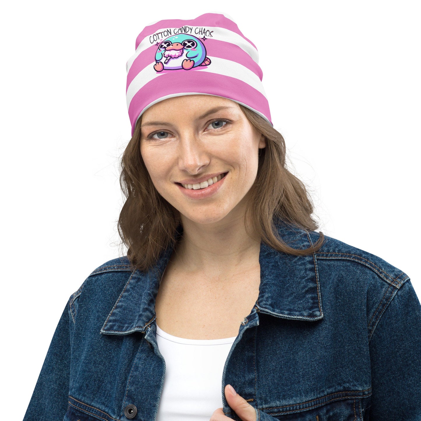 Weirdcore Pastel Goth Grunge Cute Platypus Striped Beanie, Cotton Candy Chaos Oddcore Beanie Hat