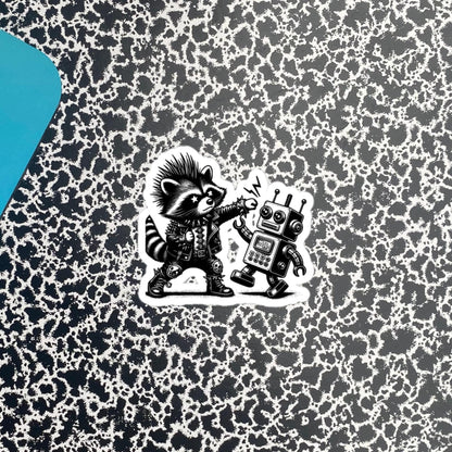Punk Rock Raccoon Fighting Robot Sticker, Weirdcore Raccoon vs Machine Sticker, Original Design Weird Stuff Gift