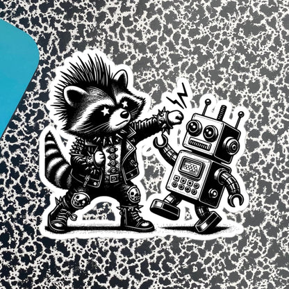 Punk Rock Raccoon Fighting Robot Sticker, Weirdcore Raccoon vs Machine Sticker, Original Design Weird Stuff Gift