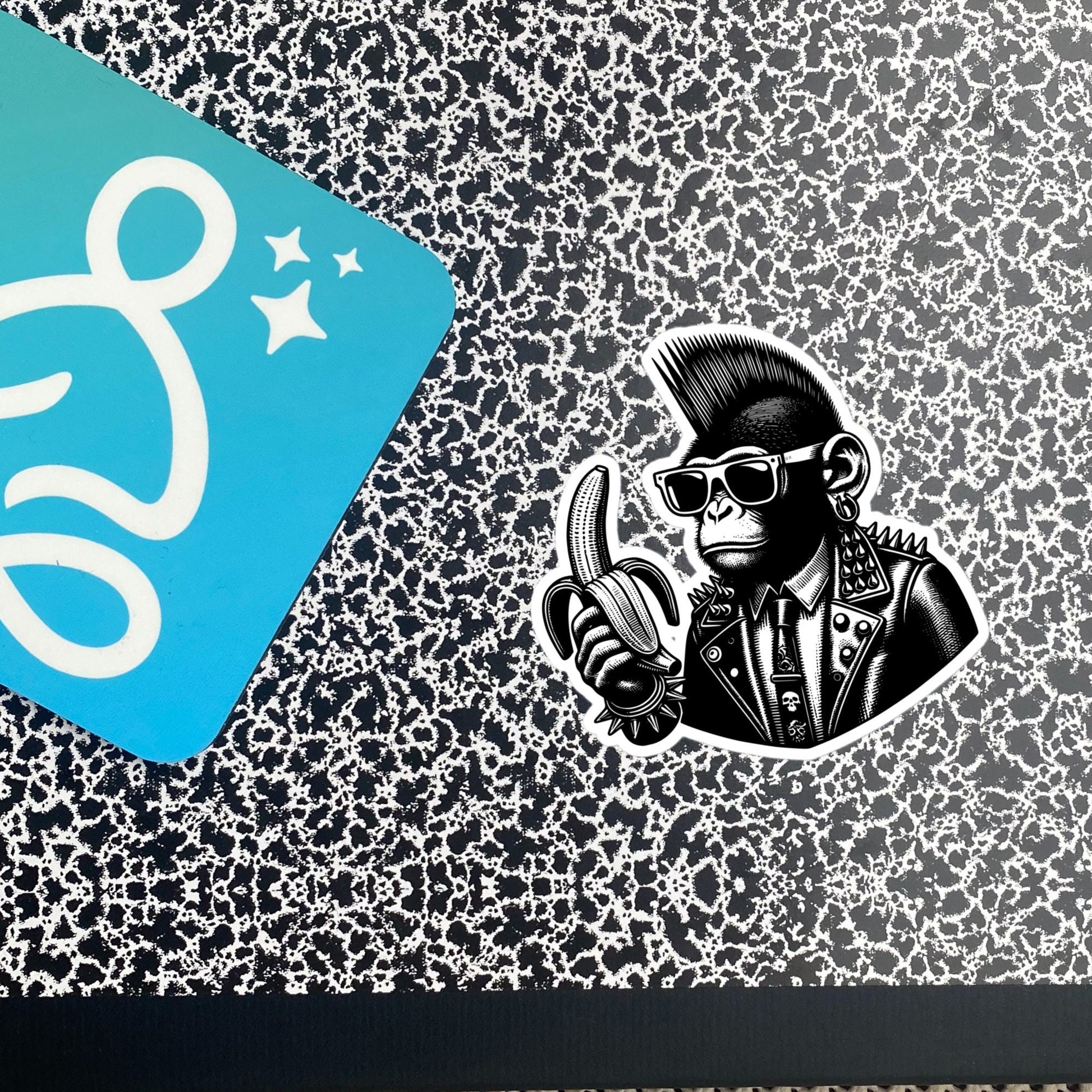 Punk Rock Monkey with Banana Energy Sticker, Weirdcore Cyberpunk Chimp Sticker, Original Design Unique Sticker Weird Stuff Gift