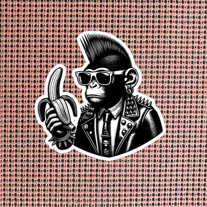 Punk Rock Monkey with Banana Energy Sticker, Weirdcore Cyberpunk Chimp Sticker, Original Design Unique Sticker Weird Stuff Gift