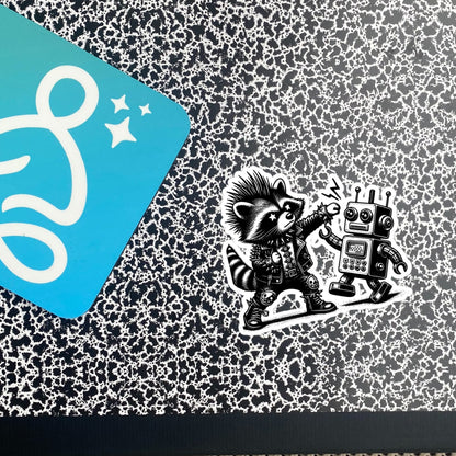 Punk Rock Raccoon Fighting Robot Sticker, Weirdcore Raccoon vs Machine Sticker, Original Design Weird Stuff Gift