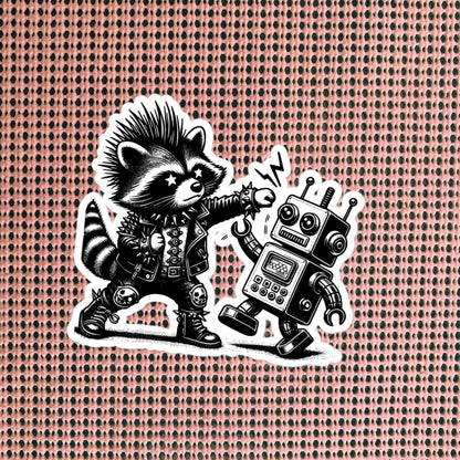 Punk Rock Raccoon Fighting Robot Sticker, Weirdcore Raccoon vs Machine Sticker, Original Design Weird Stuff Gift
