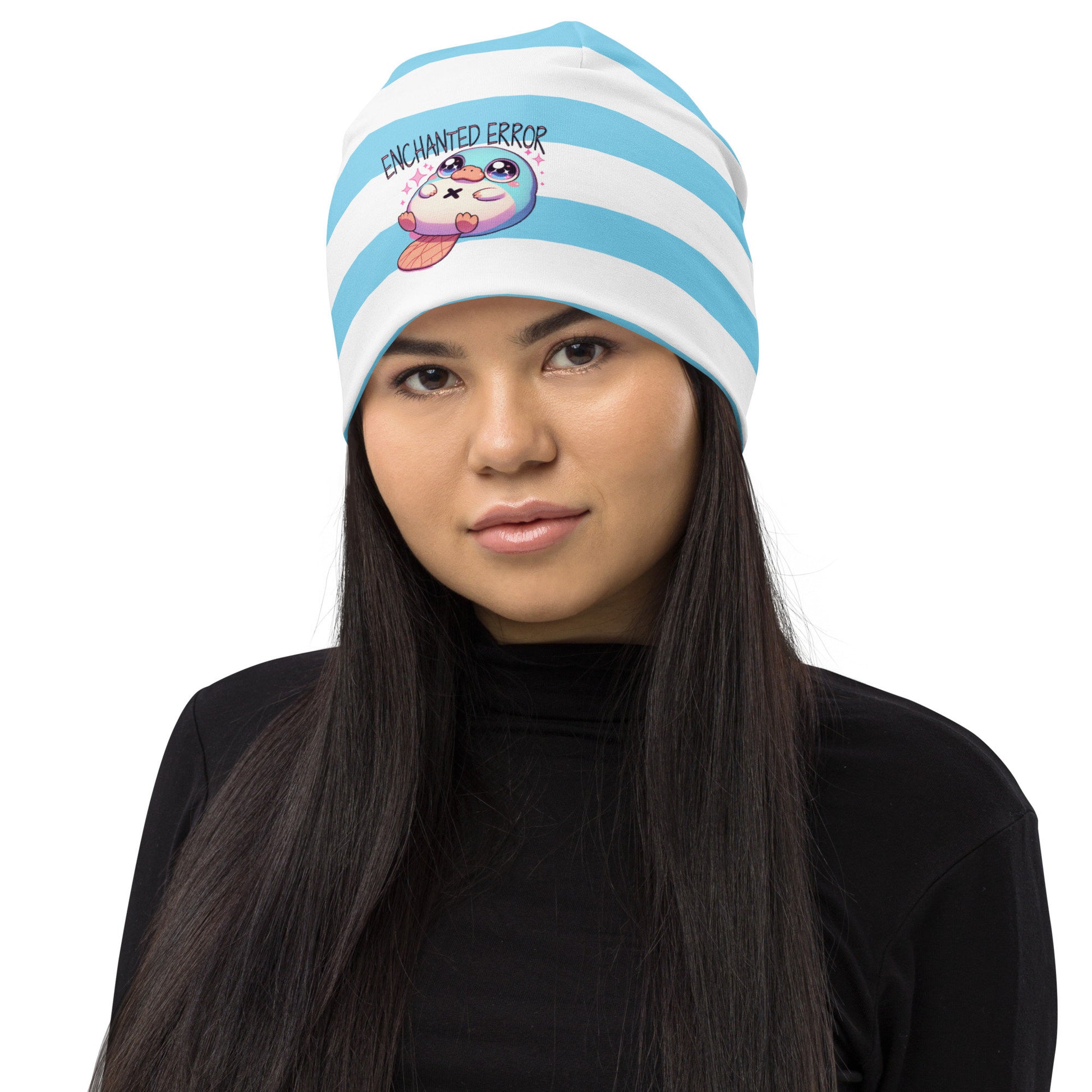 Cute Weirdcore Pastel Goth Grunge Platypus Striped Beanie, Enchanted Error Oddcore Beanie Hat