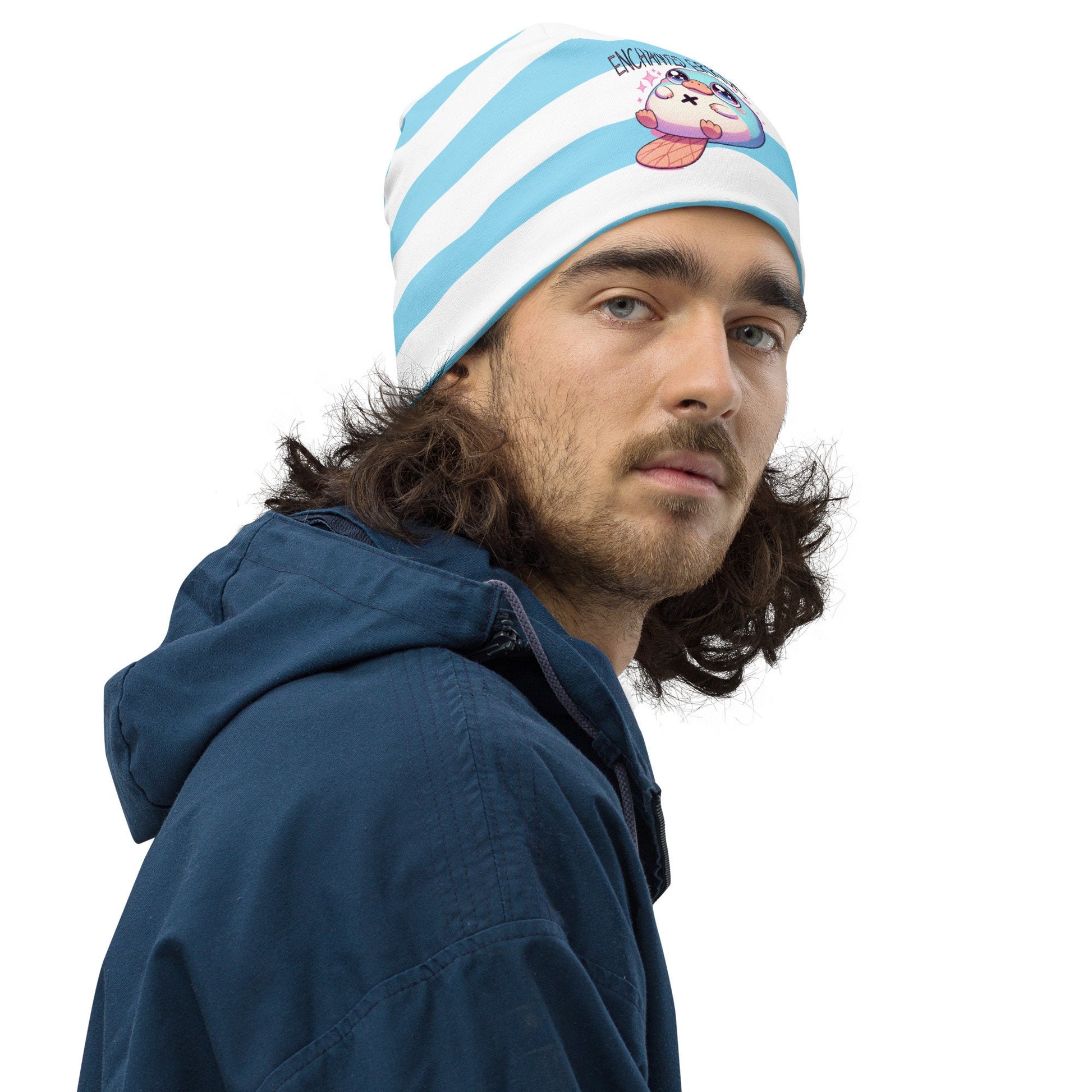 Cute Weirdcore Pastel Goth Grunge Platypus Striped Beanie, Enchanted Error Oddcore Beanie Hat
