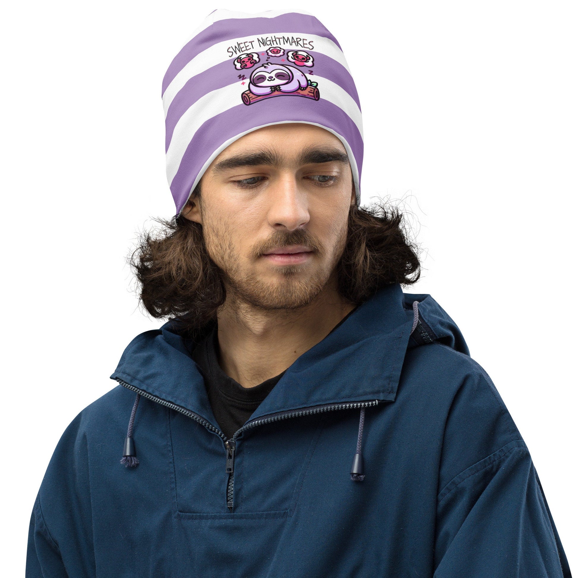 Cute Weirdcore Pastel Goth Grunge Sloth Striped Beanie, Sweet Nightmares Oddcore Beanie Hat
