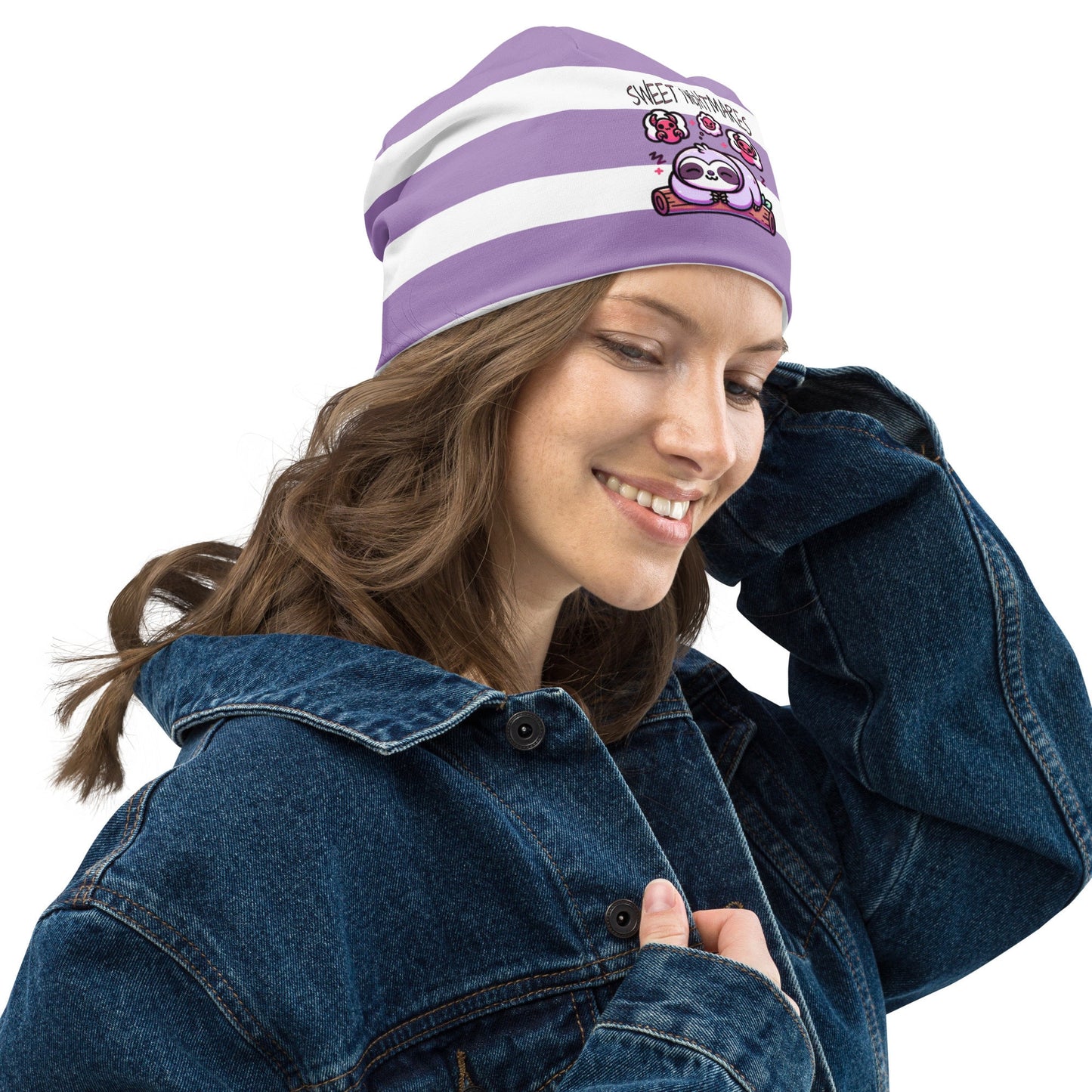 Cute Weirdcore Pastel Goth Grunge Sloth Striped Beanie, Sweet Nightmares Oddcore Beanie Hat