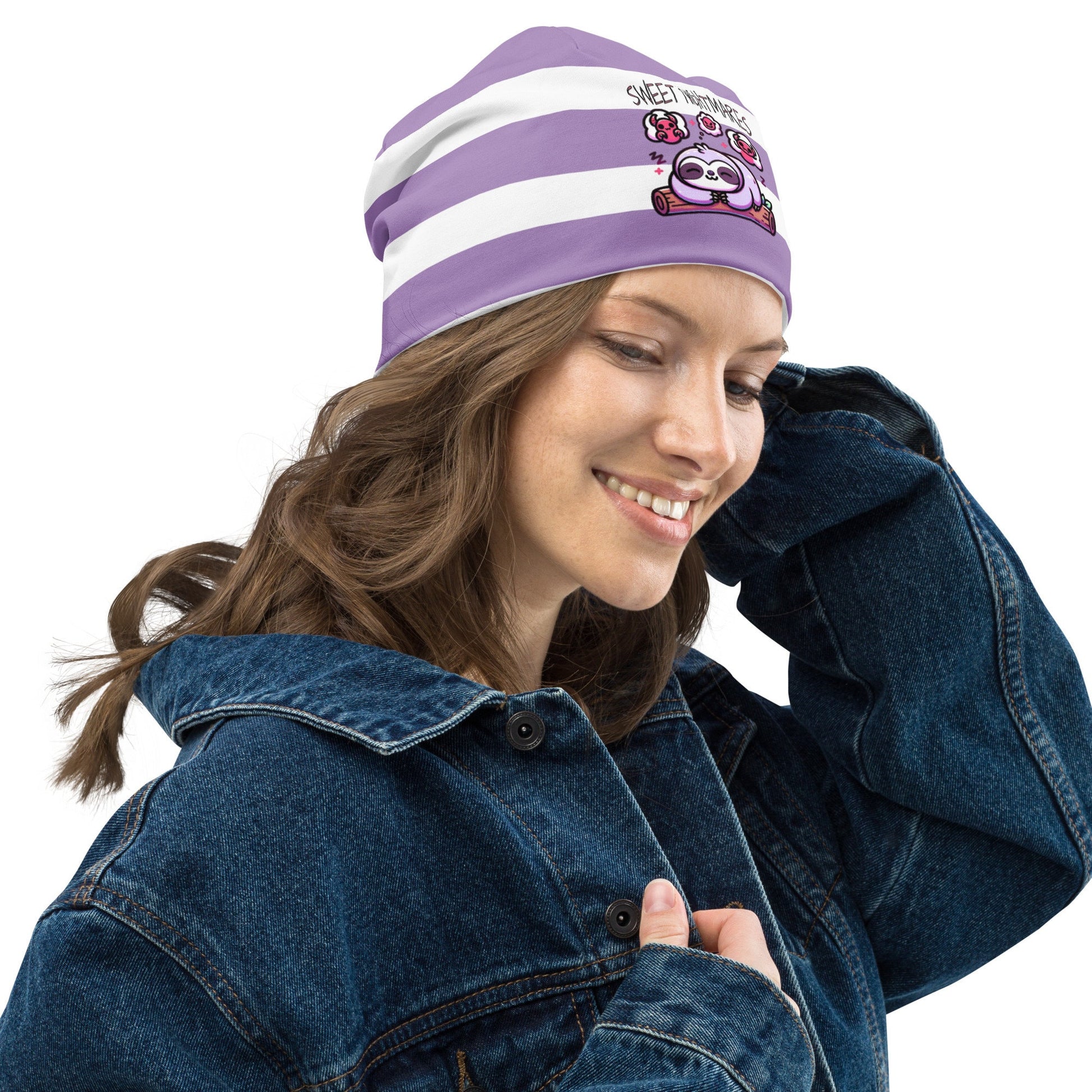 Cute Weirdcore Pastel Goth Grunge Sloth Striped Beanie, Sweet Nightmares Oddcore Beanie Hat