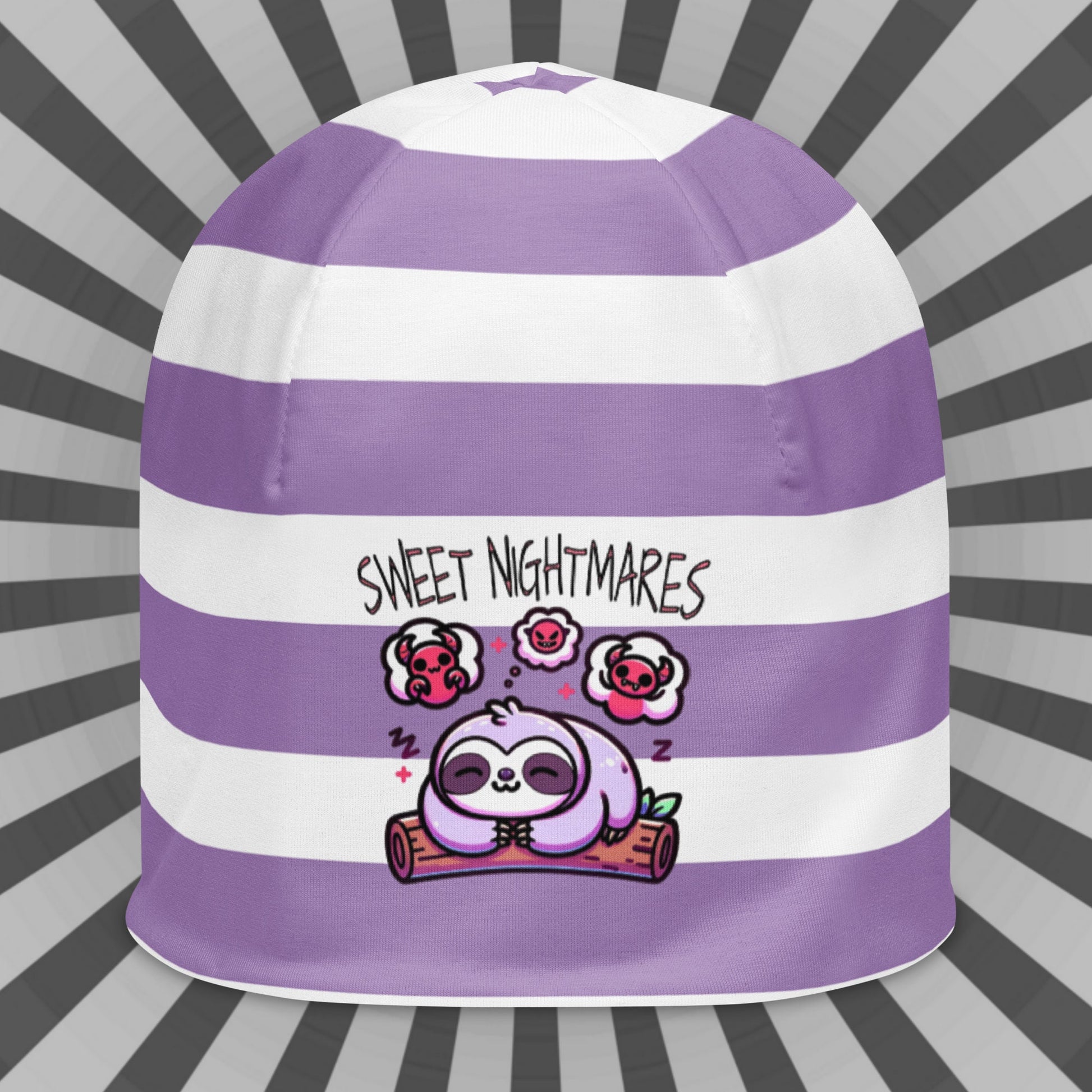 Cute Weirdcore Pastel Goth Grunge Sloth Striped Beanie, Sweet Nightmares Oddcore Beanie Hat