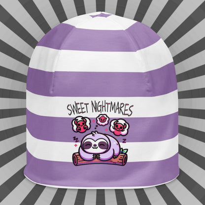 Cute Weirdcore Pastel Goth Grunge Sloth Striped Beanie, Sweet Nightmares Oddcore Beanie Hat