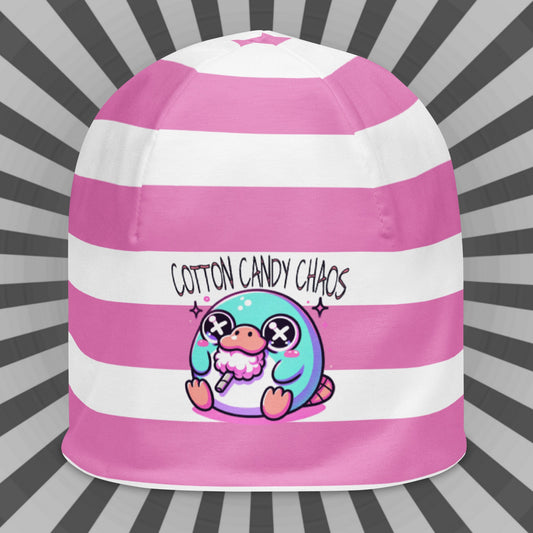 Weirdcore Pastel Goth Grunge Cute Platypus Striped Beanie, Cotton Candy Chaos Oddcore Beanie Hat