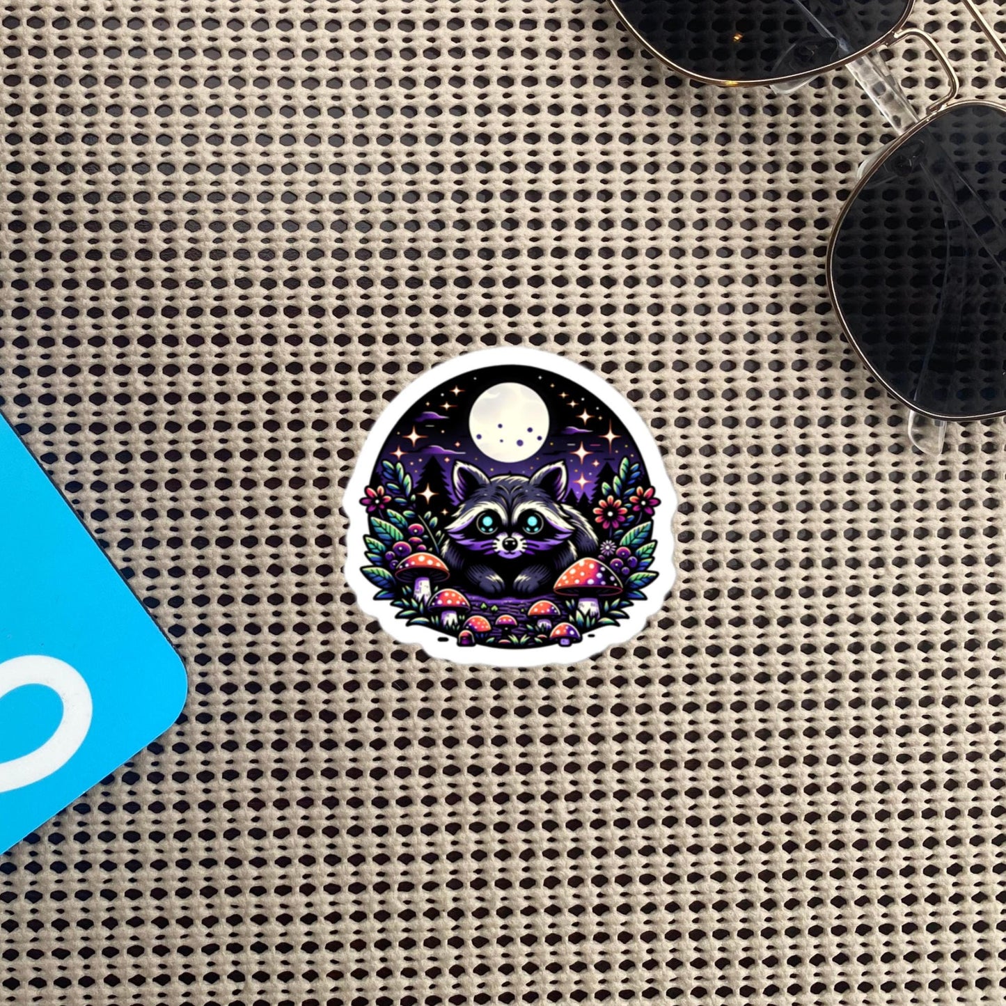 Cute Whimsigoth Raccoon Under Moonlight in Mushrooms Vinyl Sticker Original Art
