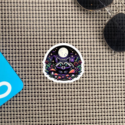 Cute Whimsigoth Raccoon Under Moonlight in Mushrooms Vinyl Sticker Original Art