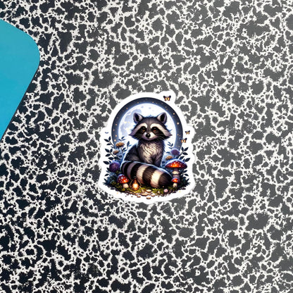 Whimsigoth Dreamcore Raccoon In Moonlight Mushrooms and Moths Original Art Unique Vinyl Sticker