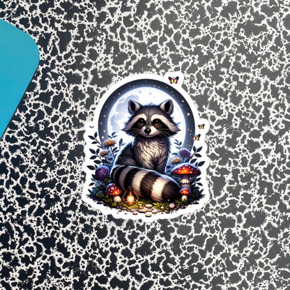 Whimsigoth Dreamcore Raccoon In Moonlight Mushrooms and Moths Original Art Unique Vinyl Sticker