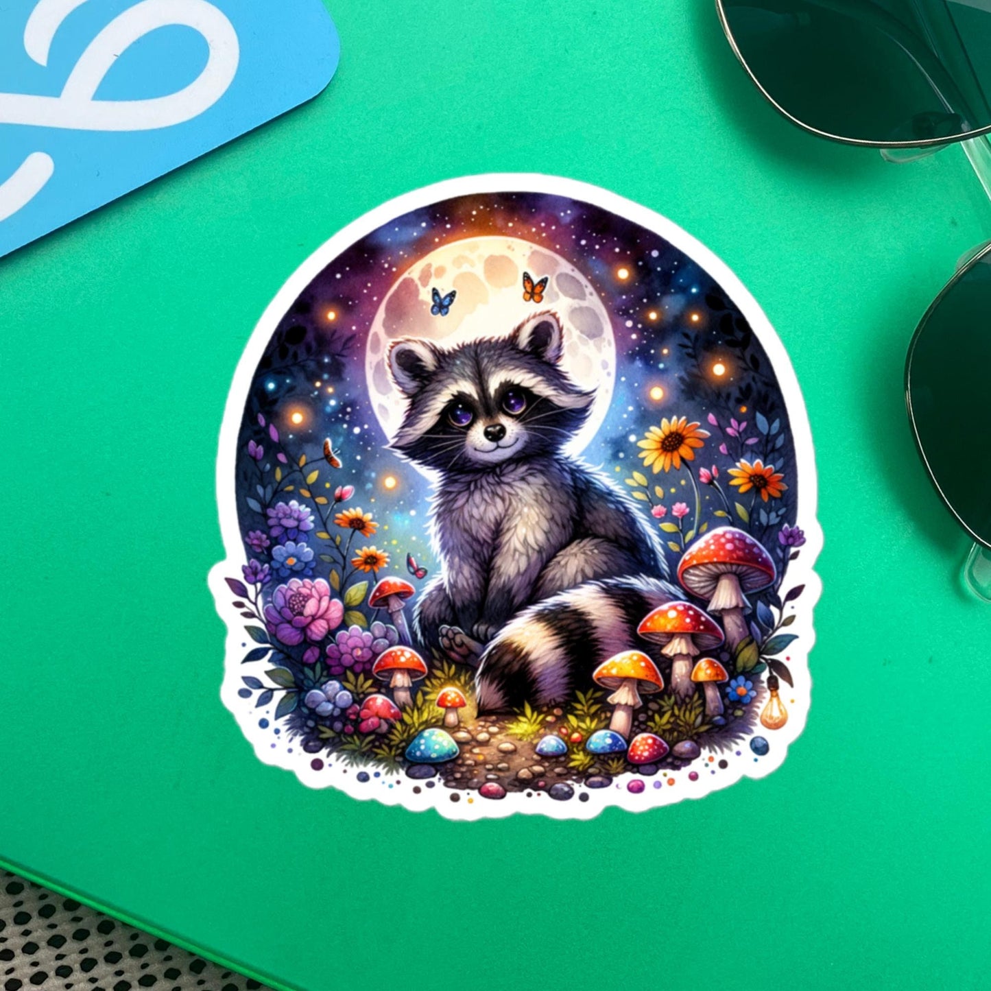 Whimsical Goth Cute Big Eyed Raccoon Forestcore Moonlight Mushroom Original Art Vinyl Sticker