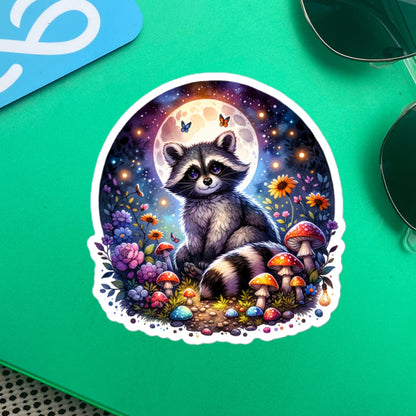 Whimsical Goth Cute Big Eyed Raccoon Forestcore Moonlight Mushroom Original Art Vinyl Sticker