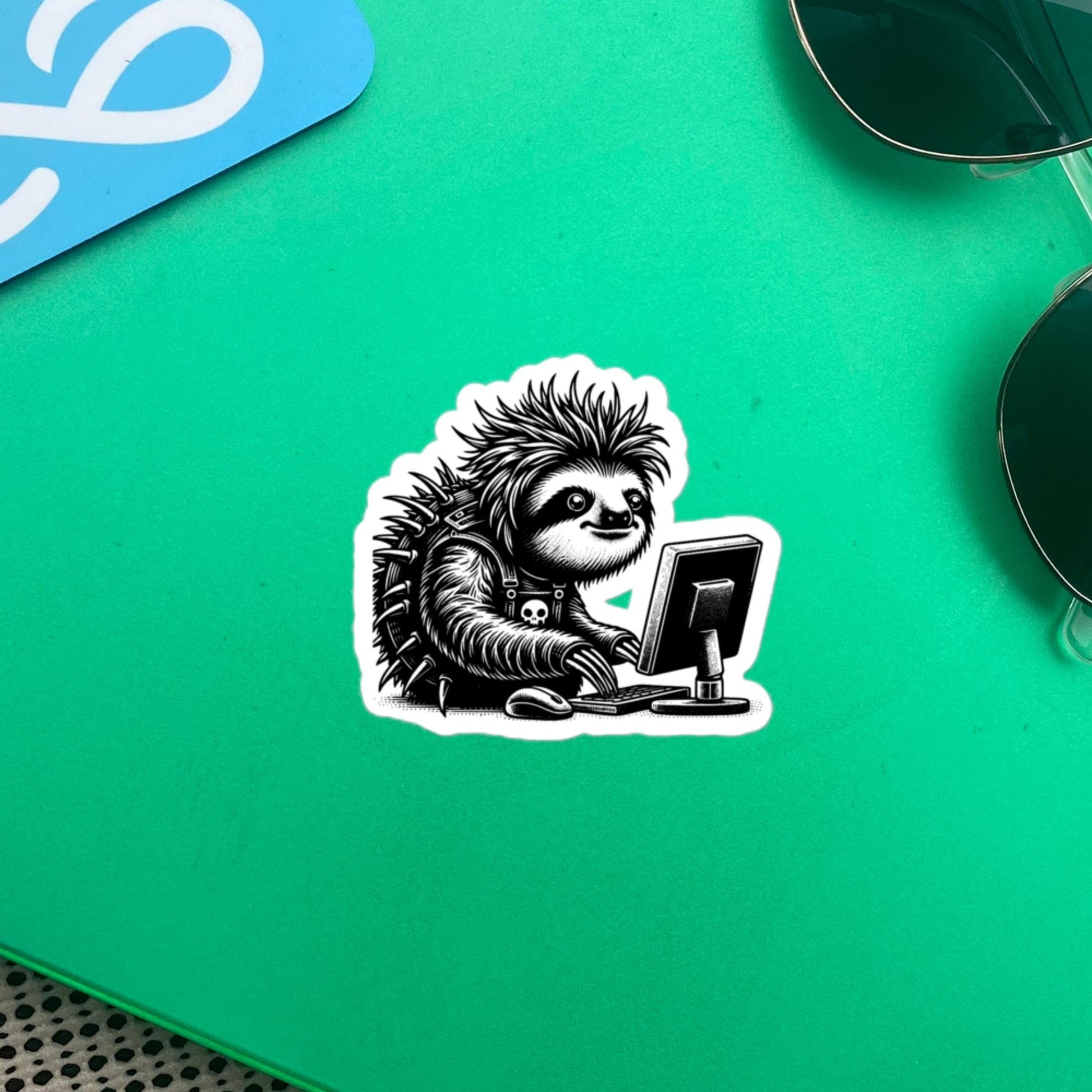 Punk Rock Sloth on Computer Sticker, Cyberpunk Sloth with Tech Sticker, Weirdcore Weird Stuff, Original Steampunk Warcore Art