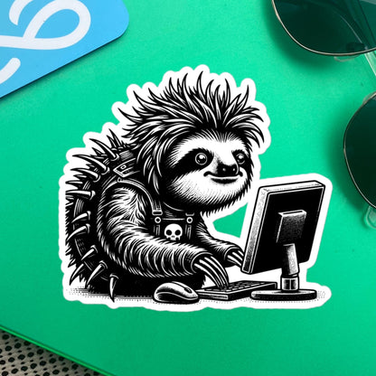 Punk Rock Sloth on Computer Sticker, Cyberpunk Sloth with Tech Sticker, Weirdcore Weird Stuff, Original Steampunk Warcore Art