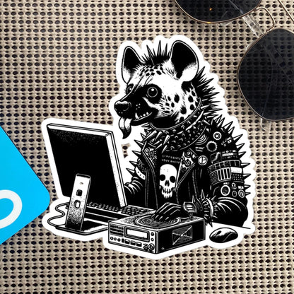 Punk Rock Hyena on Computer Sticker, Cyberpunk Hyena with Tech Sticker, Weirdcore Weird Stuff, Original Steampunk Warcore Art