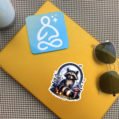 Whimsigoth Dreamcore Raccoon In Moonlight Mushrooms and Moths Original Art Unique Vinyl Sticker