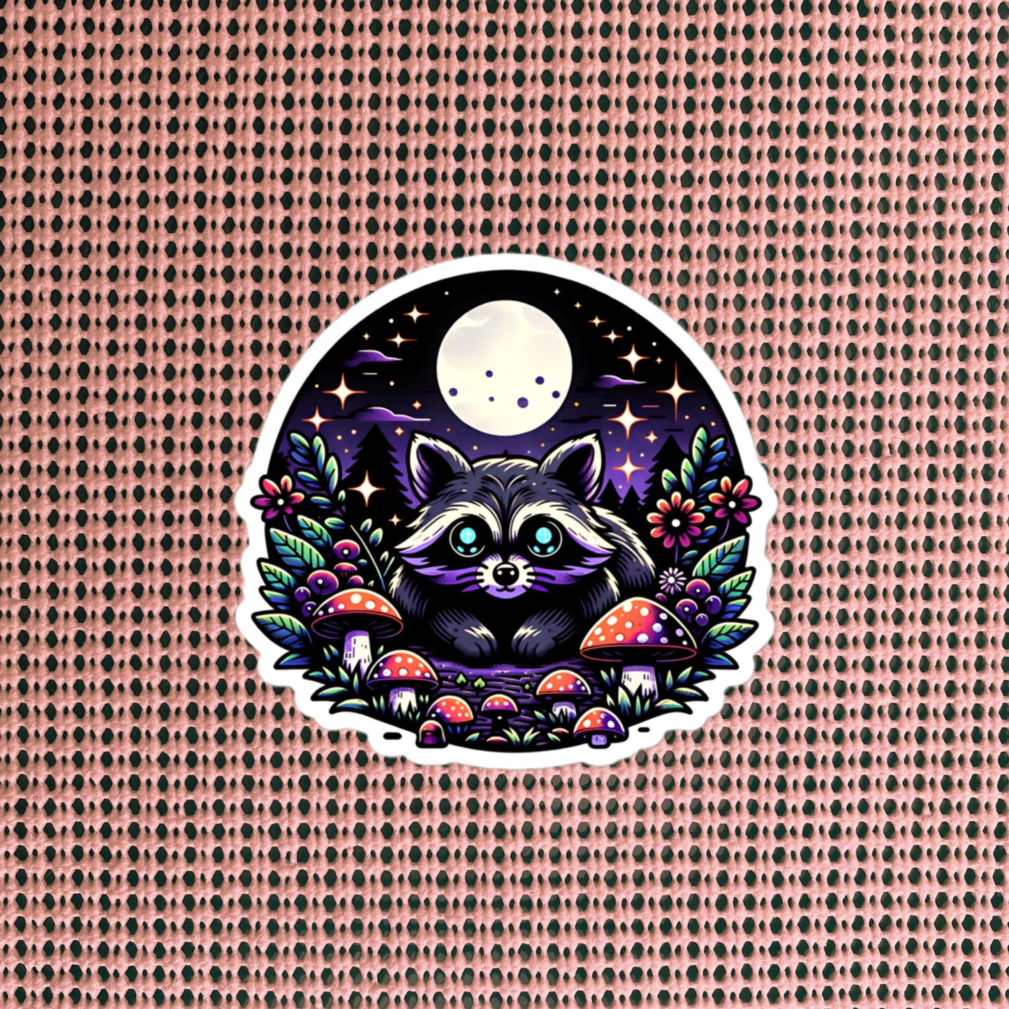 Cute Whimsigoth Raccoon Under Moonlight in Mushrooms Vinyl Sticker Original Art