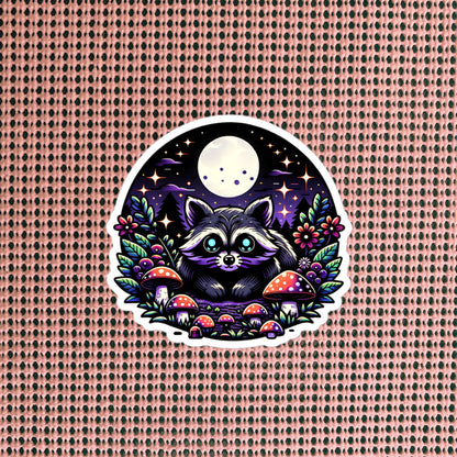 Cute Whimsigoth Raccoon Under Moonlight in Mushrooms Vinyl Sticker Original Art