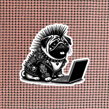 Punk Rock Pug on Computer Sticker, Cyberpunk Dog with Tech Sticker, Weirdcore Weird Stuff, Original Steampunk Warcore Art
