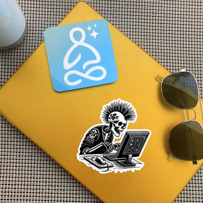 Punk Rock Skeleton on Computer Sticker, Cyberpunk Skeleton with Tech Sticker, Weirdcore Weird Stuff, Original Steampunk Warcore Art