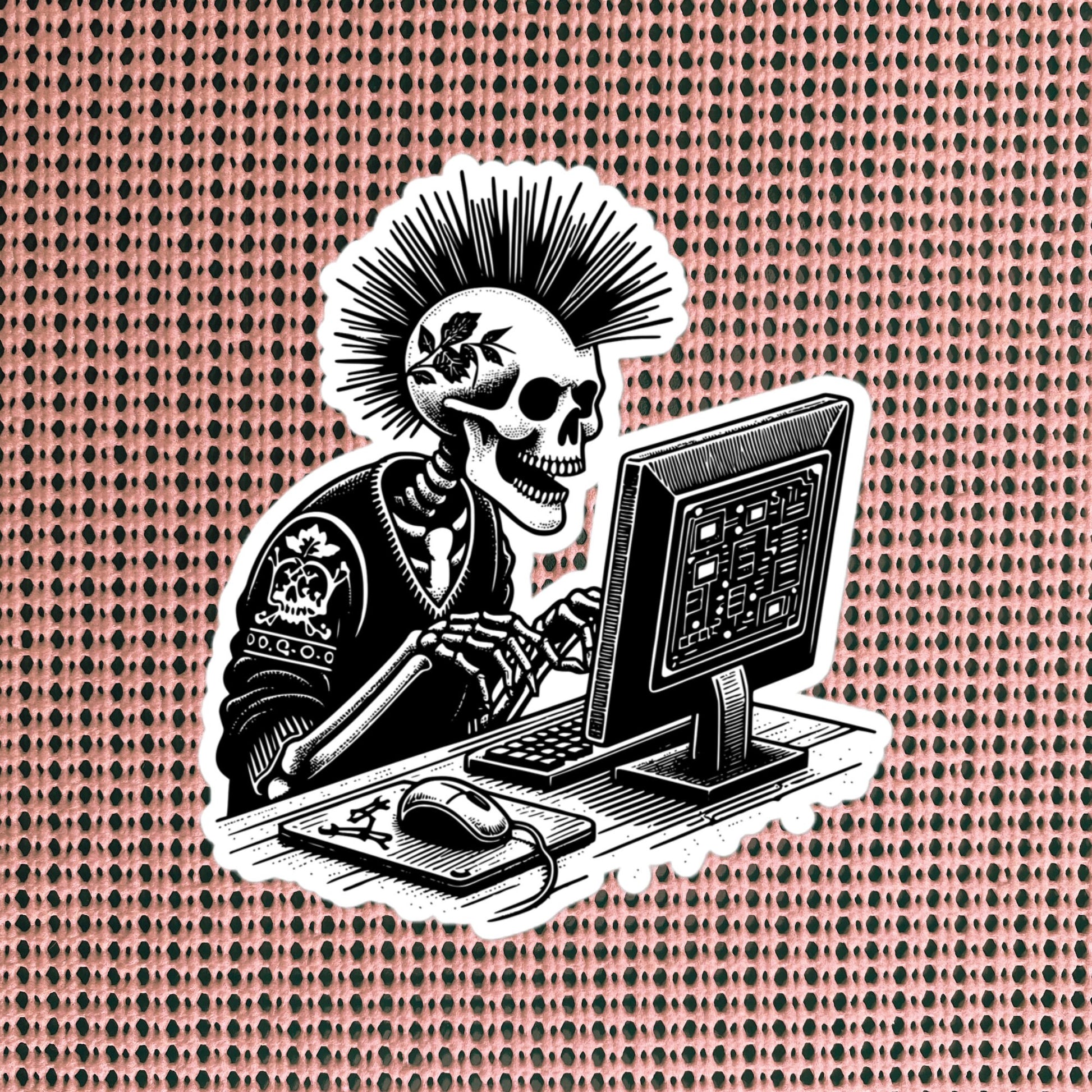 Punk Rock Skeleton on Computer Sticker, Cyberpunk Skeleton with Tech Sticker, Weirdcore Weird Stuff, Original Steampunk Warcore Art