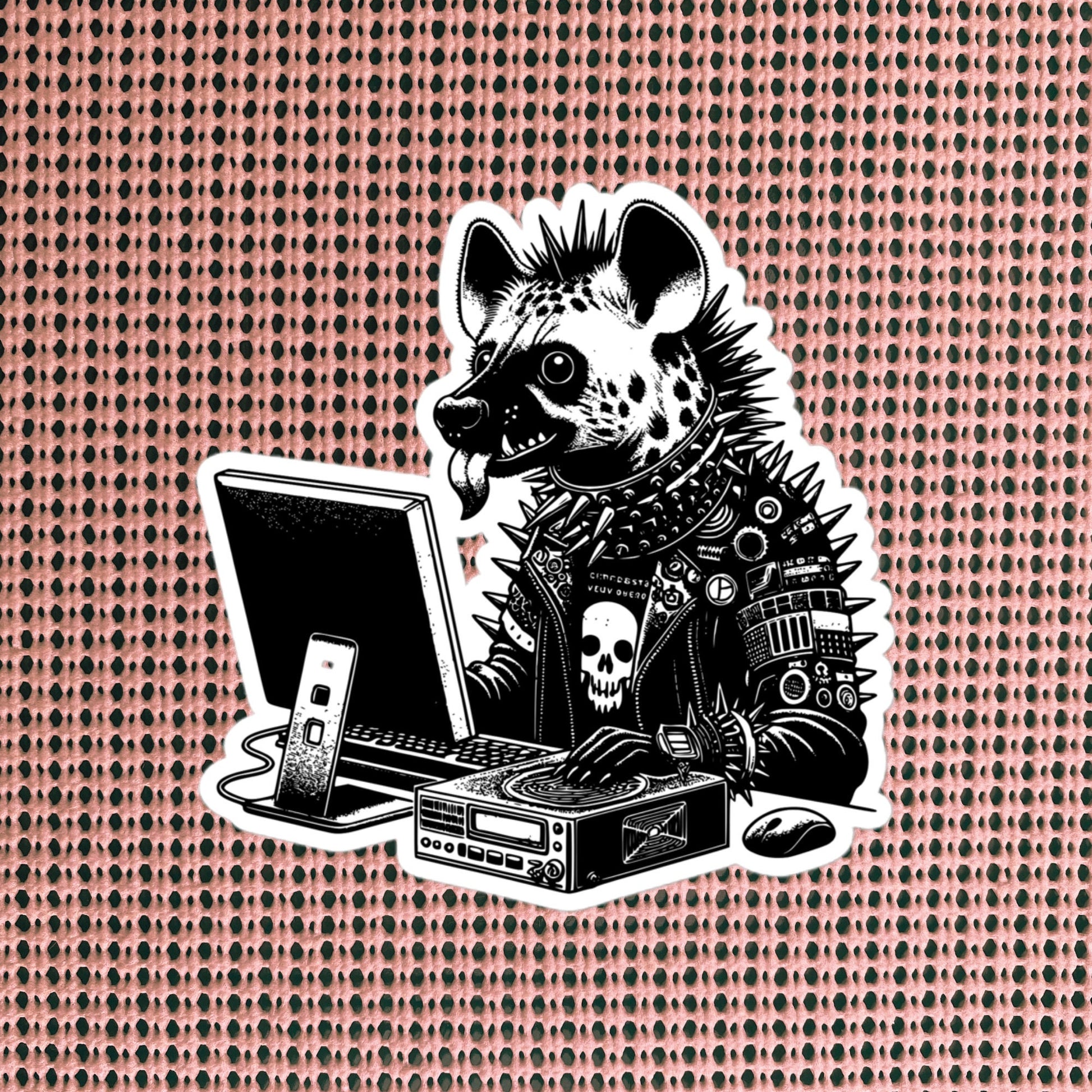 Punk Rock Hyena on Computer Sticker, Cyberpunk Hyena with Tech Sticker, Weirdcore Weird Stuff, Original Steampunk Warcore Art